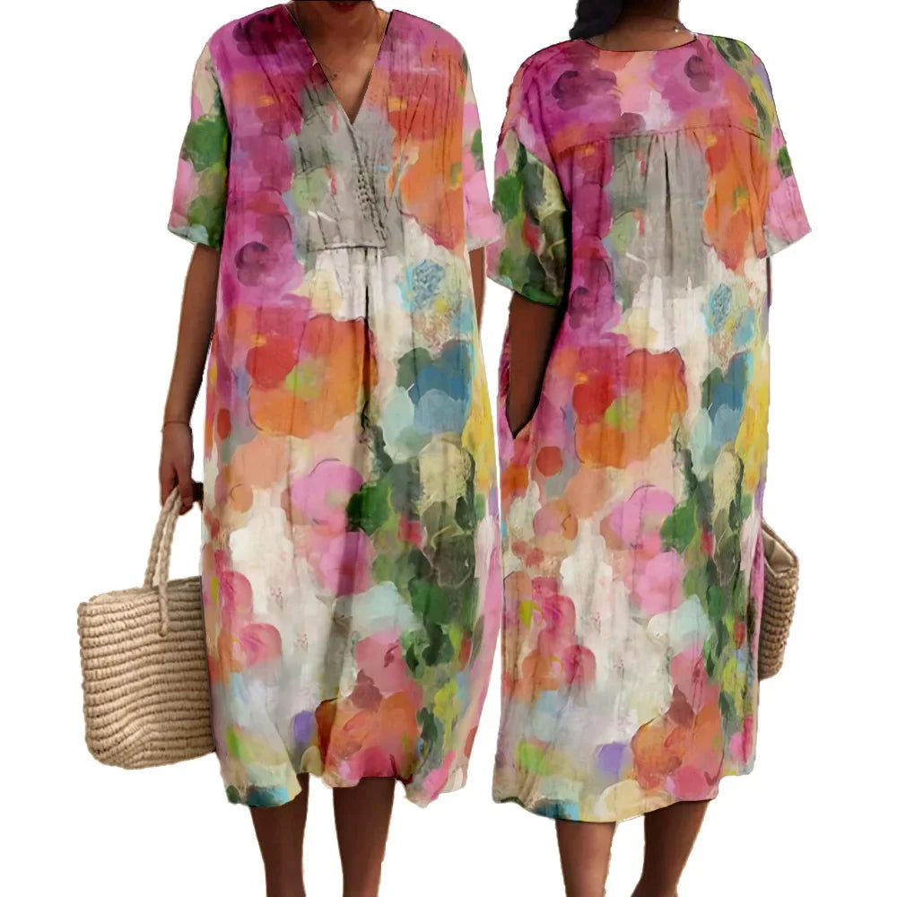 Damen Maxi Kleid V-Ausschnitt Kurzarm Digitaldruck für Sommerkleider und Hochzeitsgast 2