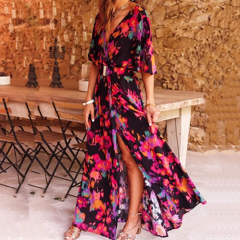 Damen Maxi Kleid mit hohem Schlitz im Boho-Stil 3