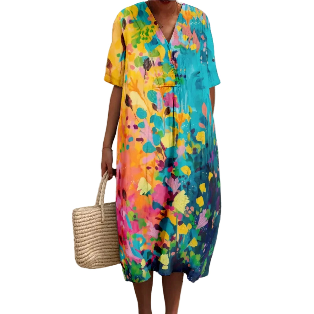 Damen Maxikleid Drapiert V-Ausschnitt Kurzarm aus Fließendem Stoff für Sommeranlässe 0