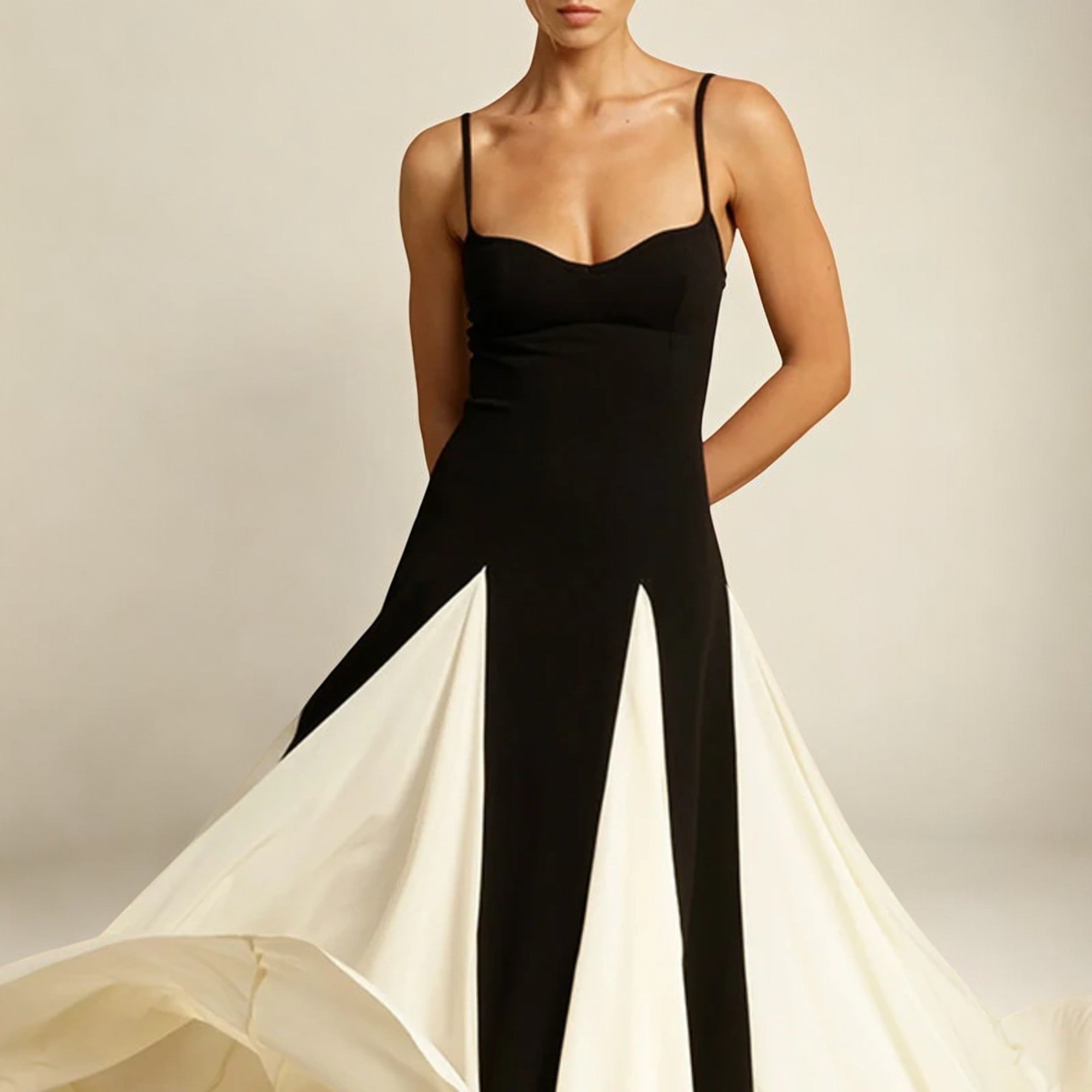 Damen Maxikleid Festlich Fließend Schwarz-Weiß Kontrast 2