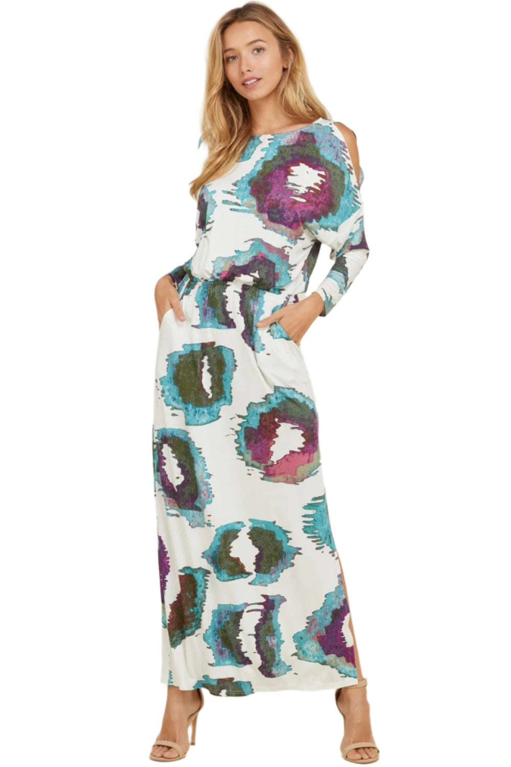 Damen Maxikleid Langarm Offene Schultern Strickstoff mit Seitenschlitzen 0