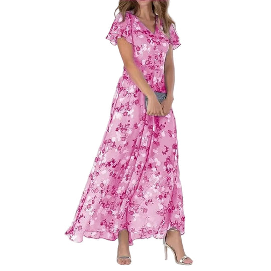 Damen Maxikleid V-Ausschnitt Blumendruck Festlich 0
