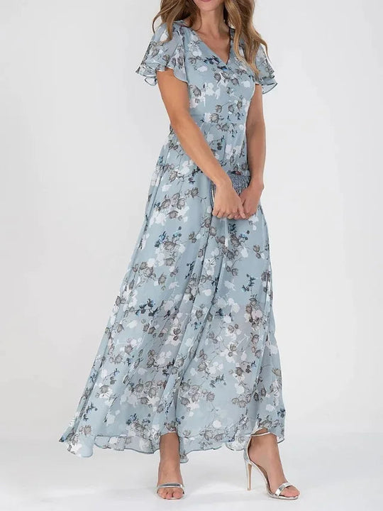 Damen Maxikleid V-Ausschnitt Blumendruck Festlich 1