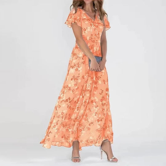 Damen Maxikleid V-Ausschnitt Blumendruck Festlich 3