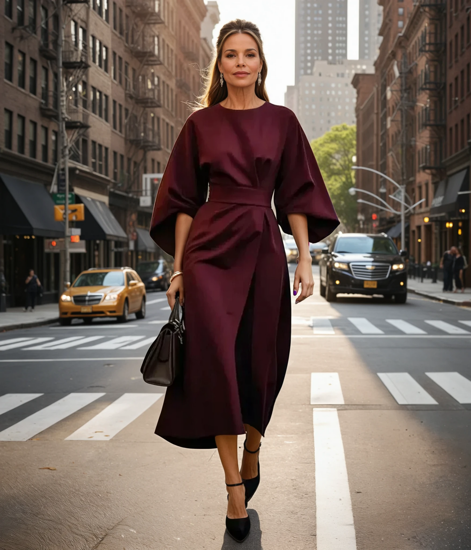 Damen Midi-Jurk mit Lantaarnmouwen und Taillengürtel 3