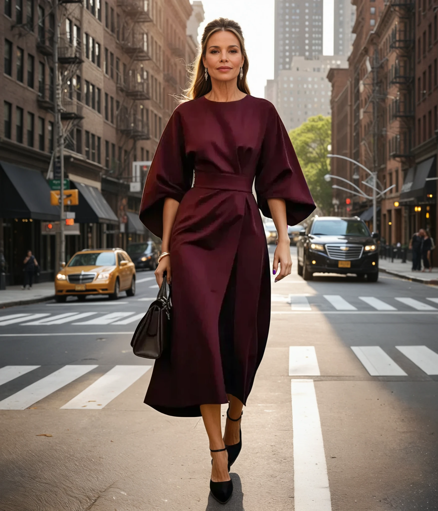 Damen Midi-Jurk mit Lantaarnmouwen und Taillengürtel 3