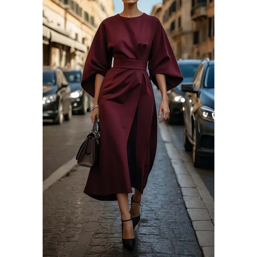 Damen Midi-Jurk mit Lantaarnmouwen und Taillengürtel 4