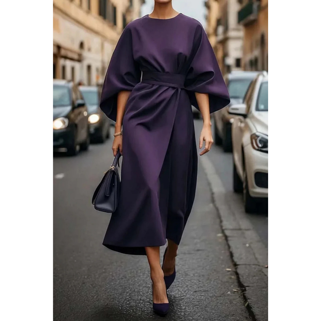 Damen Midi-Jurk mit Lantaarnmouwen und Taillengürtel 8