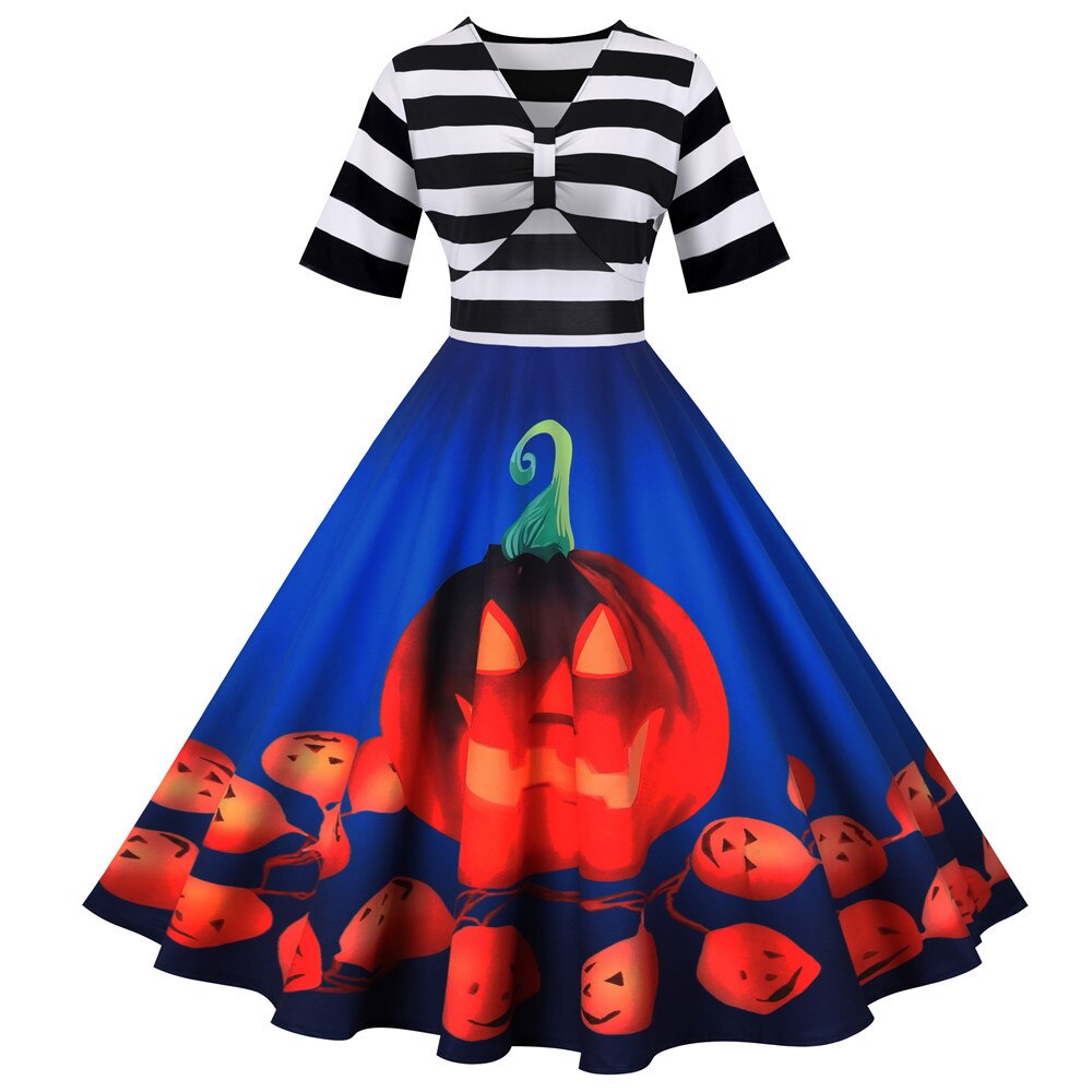 Damen Midi Kleid Halloween Kürbismotiv Vintage Stil 1