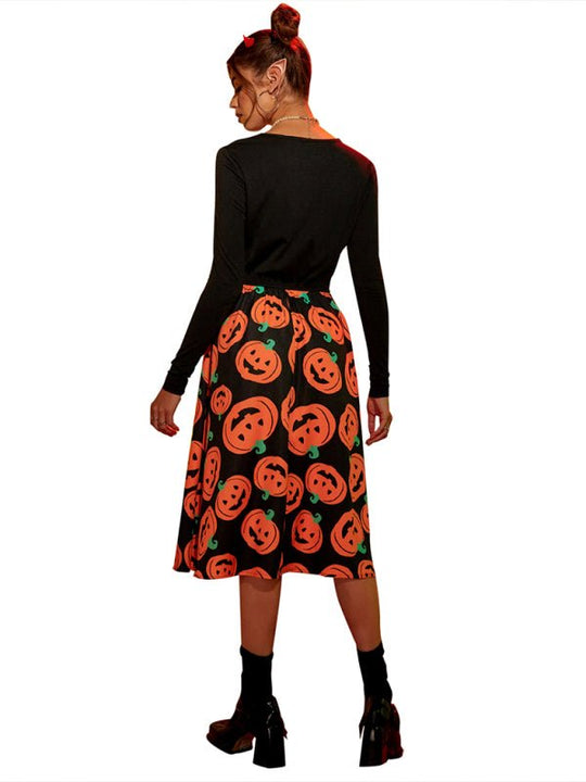 Damen Midi Kleid Kürbis Druck Hochwertiger Stoff 1