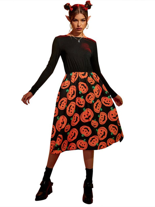 Damen Midi Kleid Kürbis Druck Hochwertiger Stoff 2