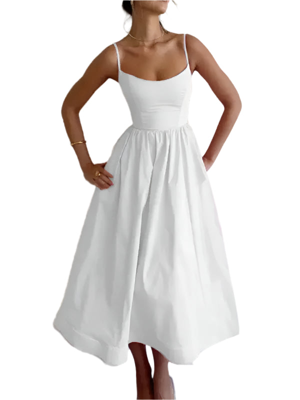 Damen Midi Kleid U-Ausschnitt Plissierte Spaghetti-Träger 0