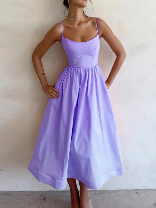 Damen Midi Kleid U-Ausschnitt Plissierte Spaghetti-Träger 4