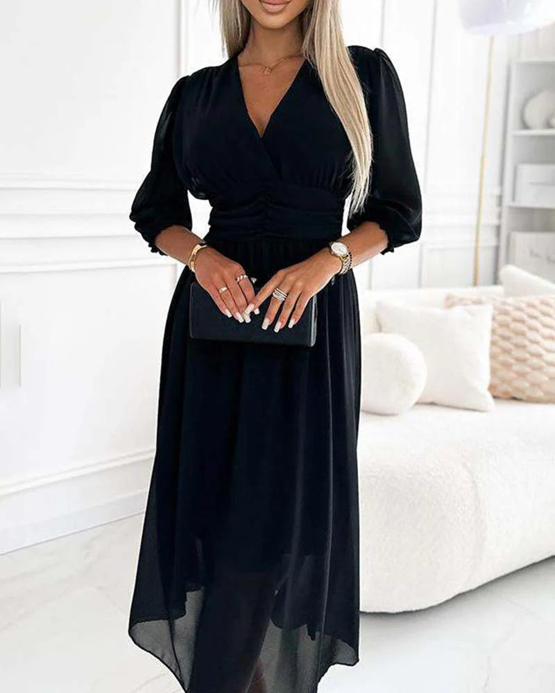 Damen Midi Kleid V-Ausschnitt A-Linie Chiffon mit Ellenbogenlangen Ärmeln 2