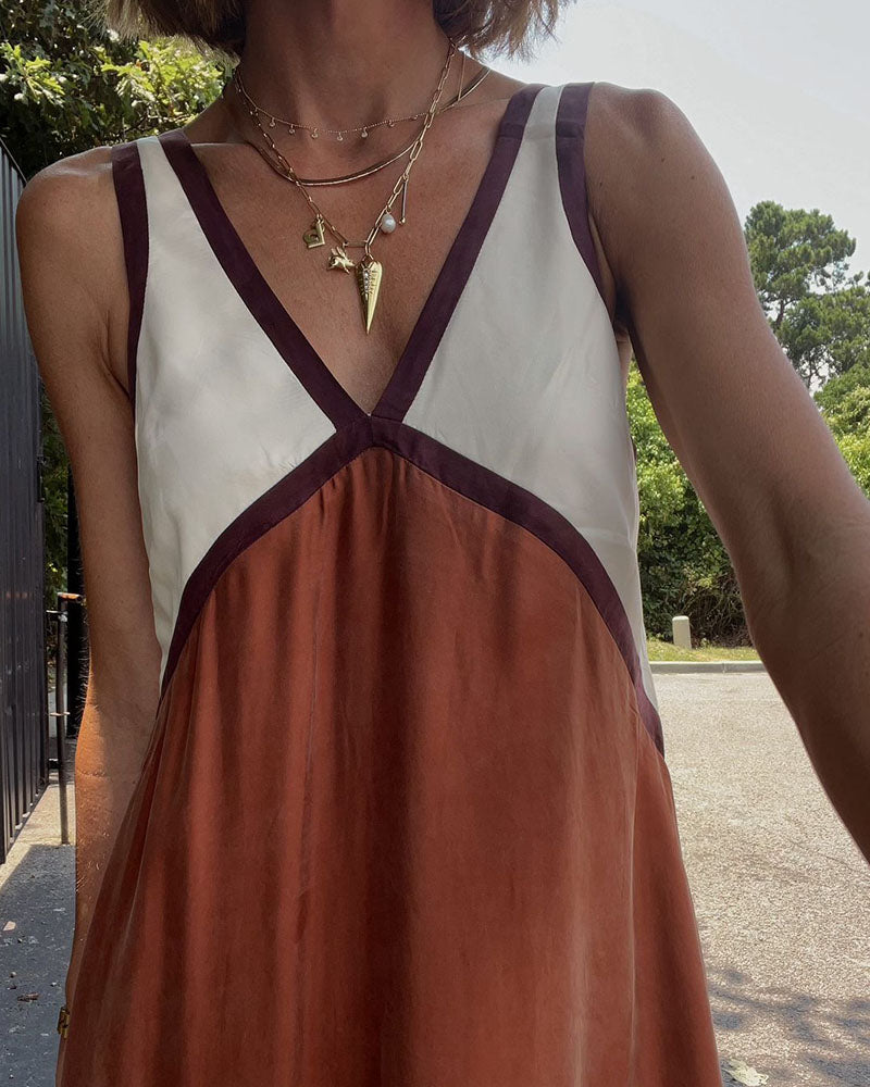 Damen Midi Kleid V-Ausschnitt Kontrastfarben 7