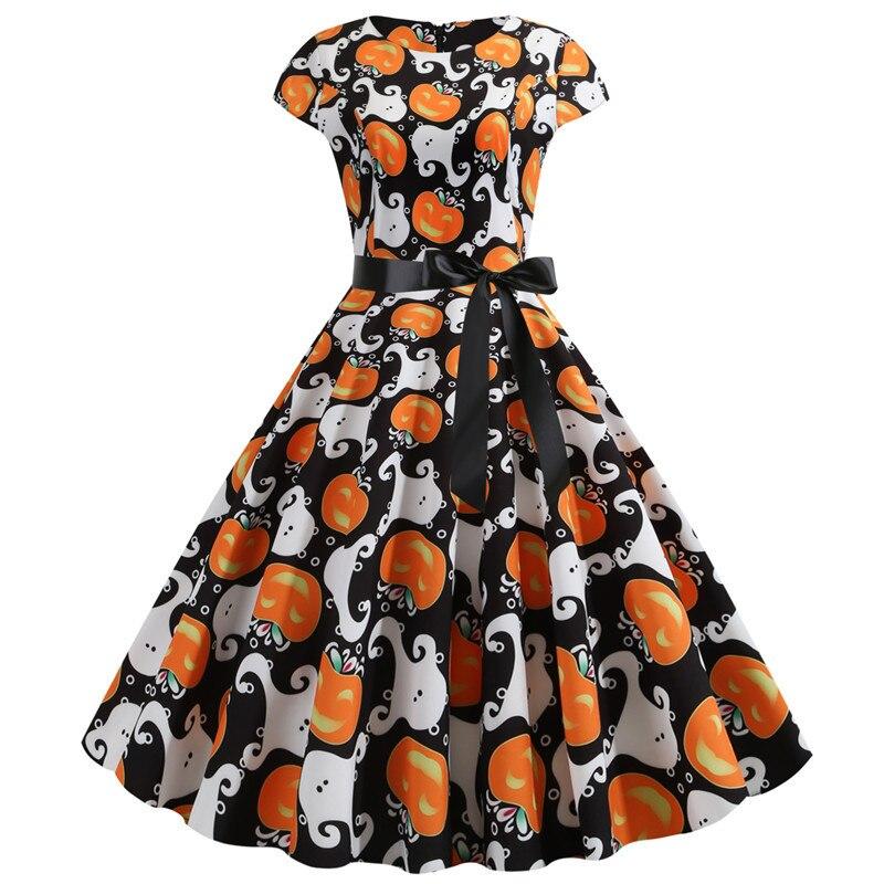 Damen Midi Kleid mit Geistern und Kürbissen Druck aus Hochwertigem Stoff 0