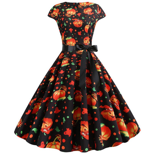 Damen Midi Kleid mit Geistern und Kürbissen Druck aus Hochwertigem Stoff 1
