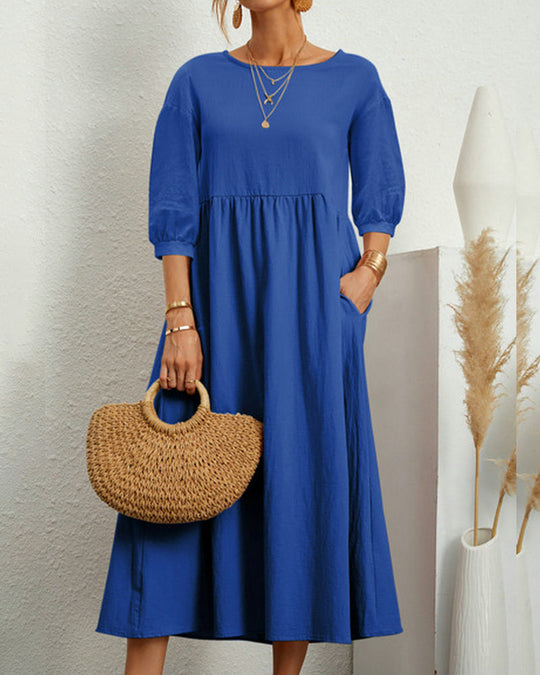 Damen Midikleid mit Rundhalsausschnitt und Laternenärmeln 7