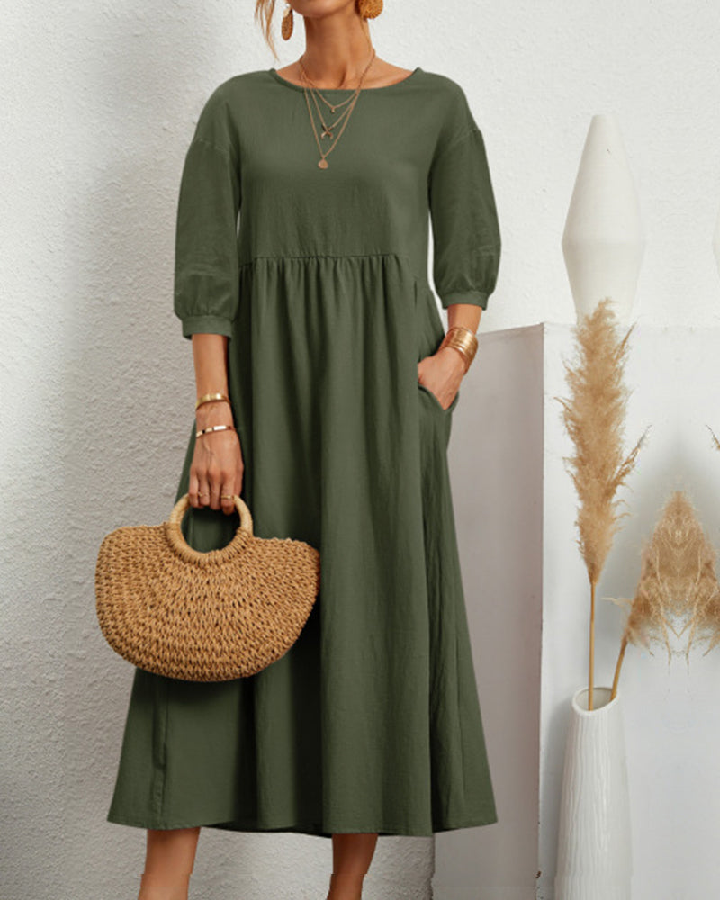 Damen Midikleid mit Rundhalsausschnitt und Laternenärmeln 9