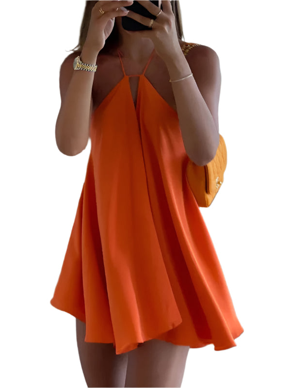 Damen Mini Kleid A-Linie mit tiefem V-Ausschnitt und Spaghettiträgern 0