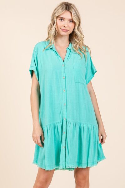 Damen Mini Kleid Button-Down Leinen-Mix 1
