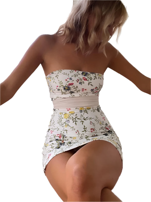 Damen Mini Kleid Floral Körperbetont Mit Abnehmbaren Rückengürtel 0