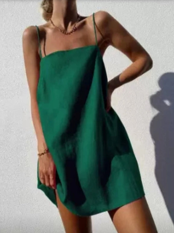 Damen Mini Kleid Spaghetti-Träger Baumwolle Leinen Freizeit 8