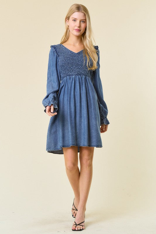 Damen Mini Kleid V-Ausschnitt Smocked Denim 4