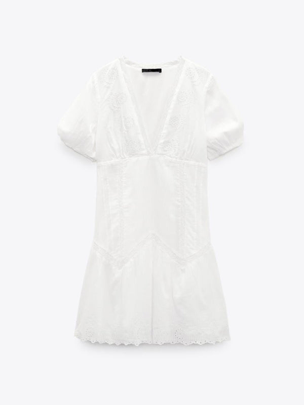 Damen Mini Kleid mit V-Ausschnitt und Puffärmeln aus Baumwollmischung 4