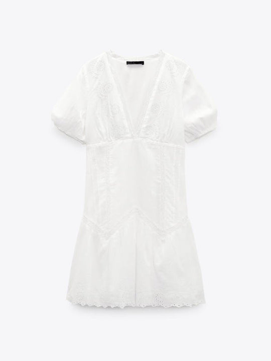 Damen Mini Kleid mit V-Ausschnitt und Puffärmeln aus Baumwollmischung 4