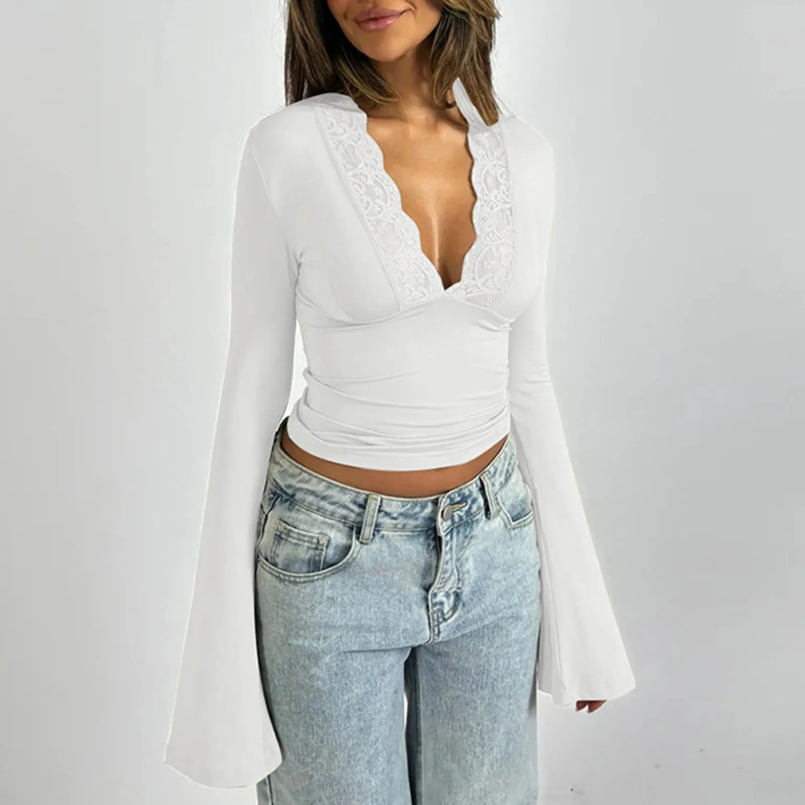 Damen Oberteil Elegant Spitzendesign Baumwolle Chic 4