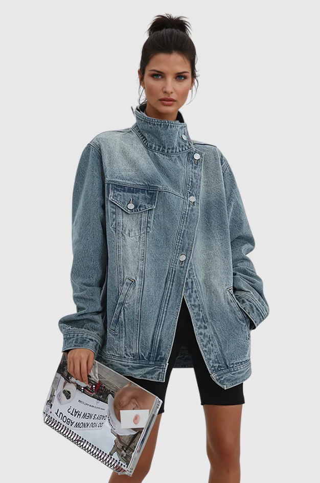 Damen Oversized Jeansjacke mit asymmetrischem Design 2