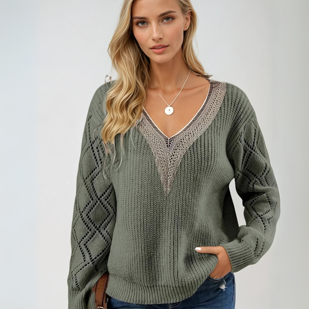 Damen Pullover V-Ausschnitt Strickmuster 1