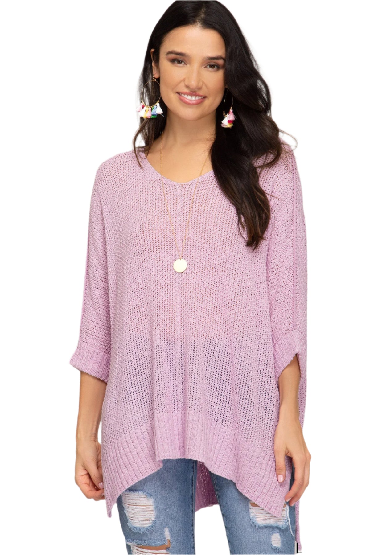 Damen Pullover mit 3/4 Ärmeln und Hi-Lo Schnitt aus Baumwolle 0