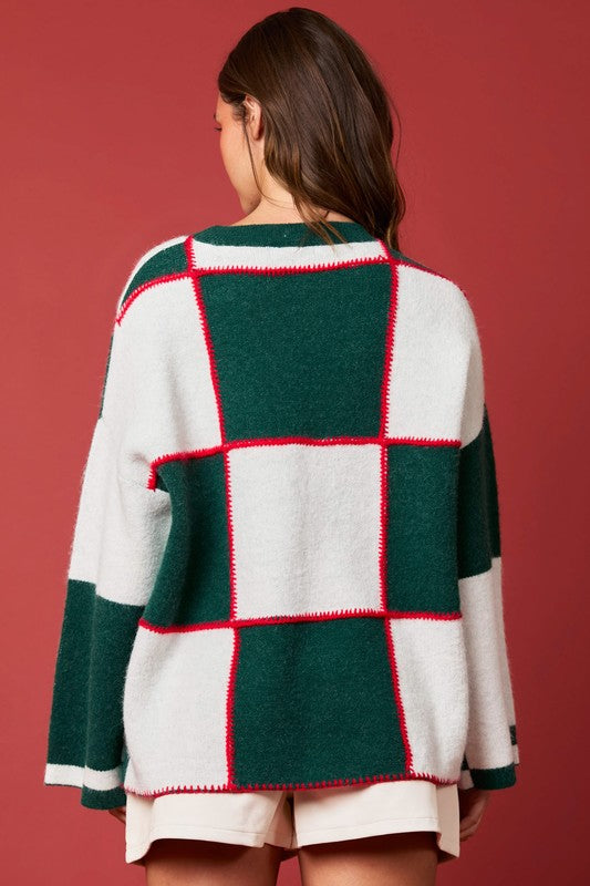 Damen Pullover mit Blockfarben und Steppstich in Grün und Weiß 3