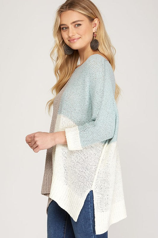 Damen Pullover mit Farbblockdesign aus Strick in Grau und Himmelblau 1