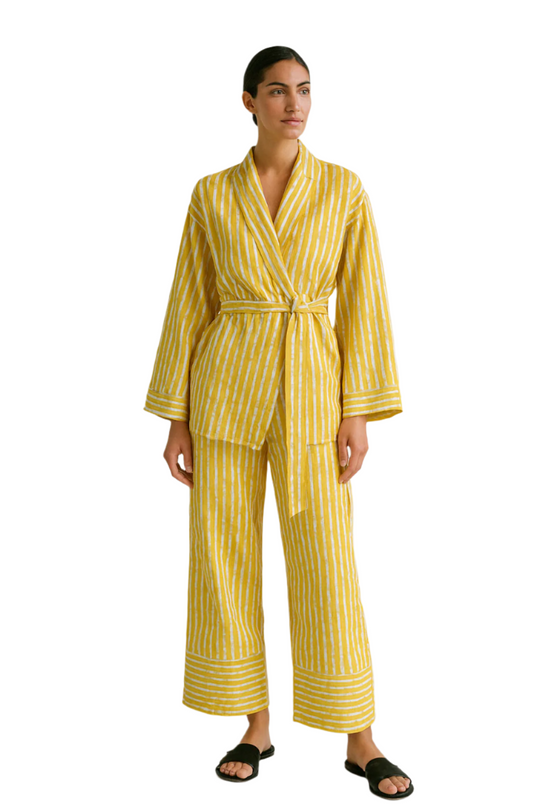 Damen Pyjama Set Lässiger Zweiteiliger Schlafanzug mit Wickelbluse und Weiten Hose aus leichtem Material 0