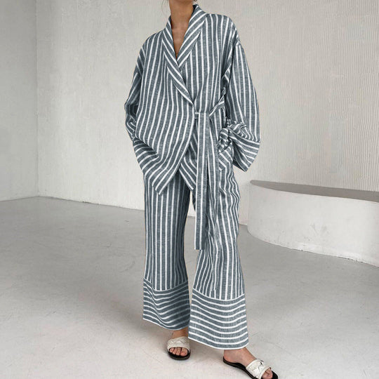 Damen Pyjama Set Lässiger Zweiteiliger Schlafanzug mit Wickelbluse und Weiten Hose aus leichtem Material 8