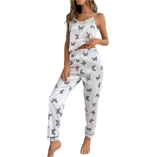 Damen Satin Pyjama Set mit Schmetterlingsdruck 3