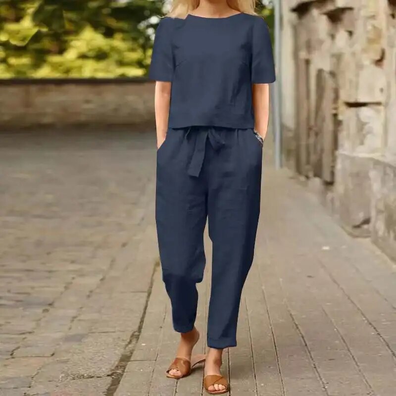 Damen Set Leinen Twin Set mit Hose und Top für Sommer 2