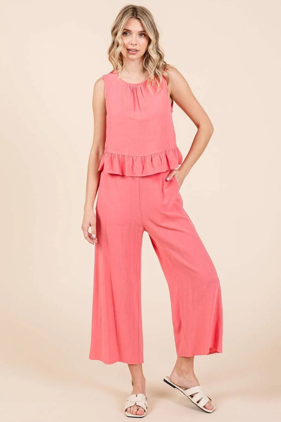 Damen Set aus Leinen mit Rüschentop und Hose 1