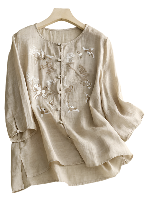 Damen Shirt Retro Rundhals Leinen mit Stickerei 0