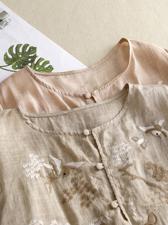 Damen Shirt Retro Rundhals Leinen mit Stickerei 1
