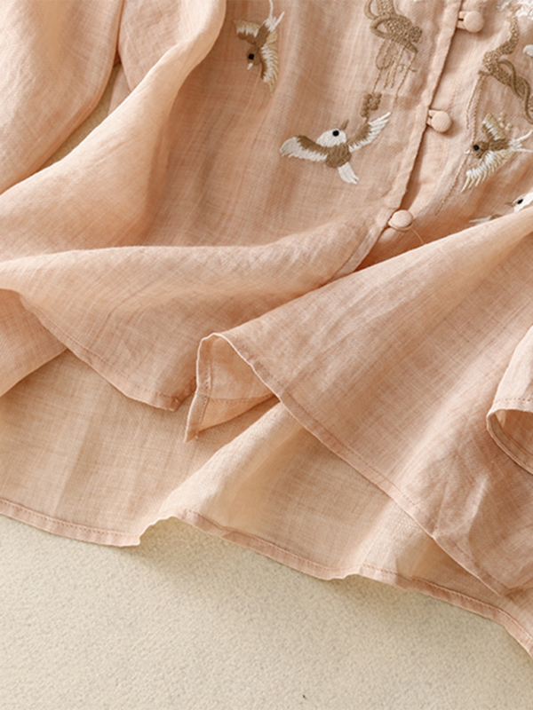 Damen Shirt Retro Rundhals Leinen mit Stickerei 3