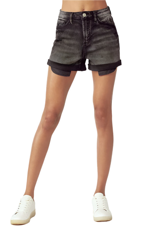 Damen Shorts Hohe Taille Mit Aufgeschlagenem Saum Baumwolle 0