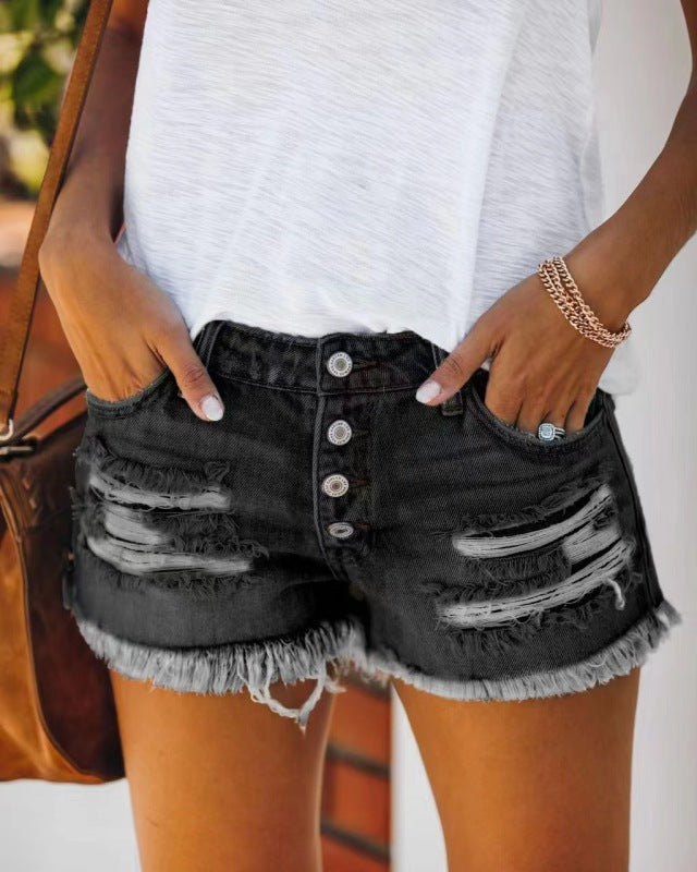 Damen Shorts Kurze Denim Mit Ripped-Details Und Fransensaum 5