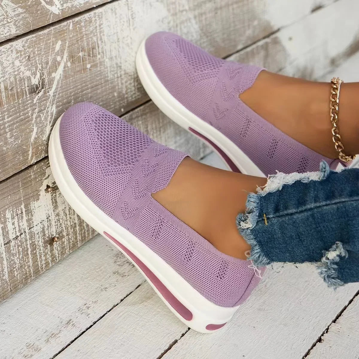 Damen Sneakers Atmungsaktive Strick-Mesh Slip-On Schuhe 2