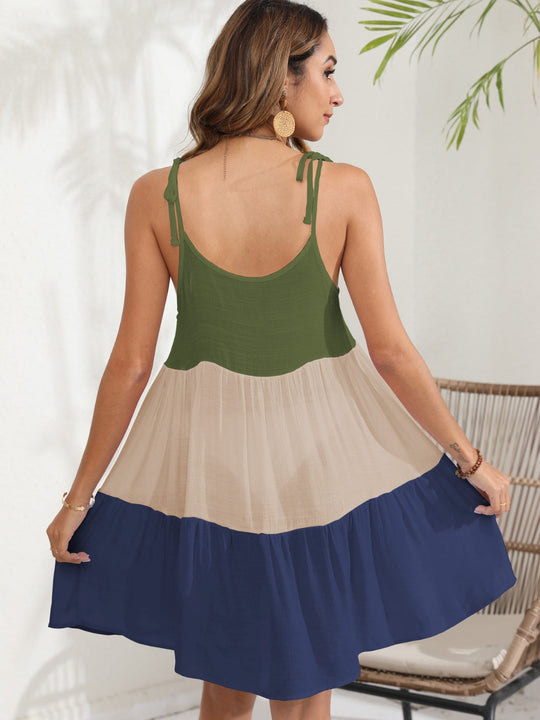 Damen Sommerkleid Farbblock Design mit Spaghetti-Trägern aus Polyester 7
