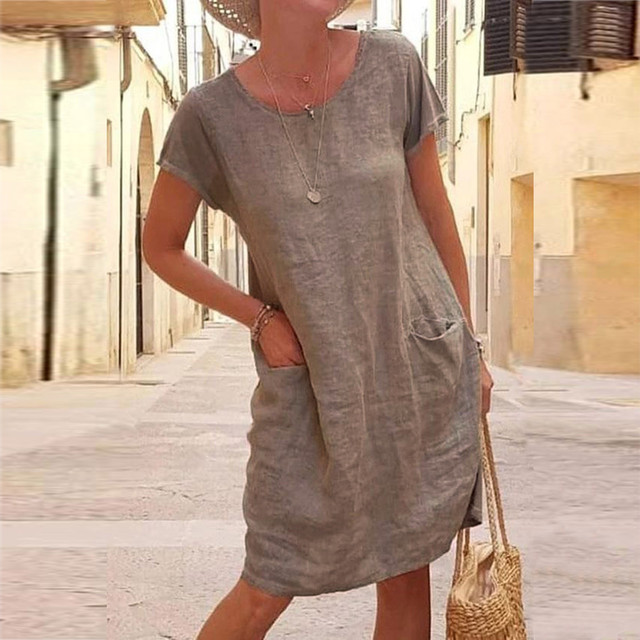 Damen Sommerkleid Lässig Leicht Atmungsaktiv mit Taschen 3