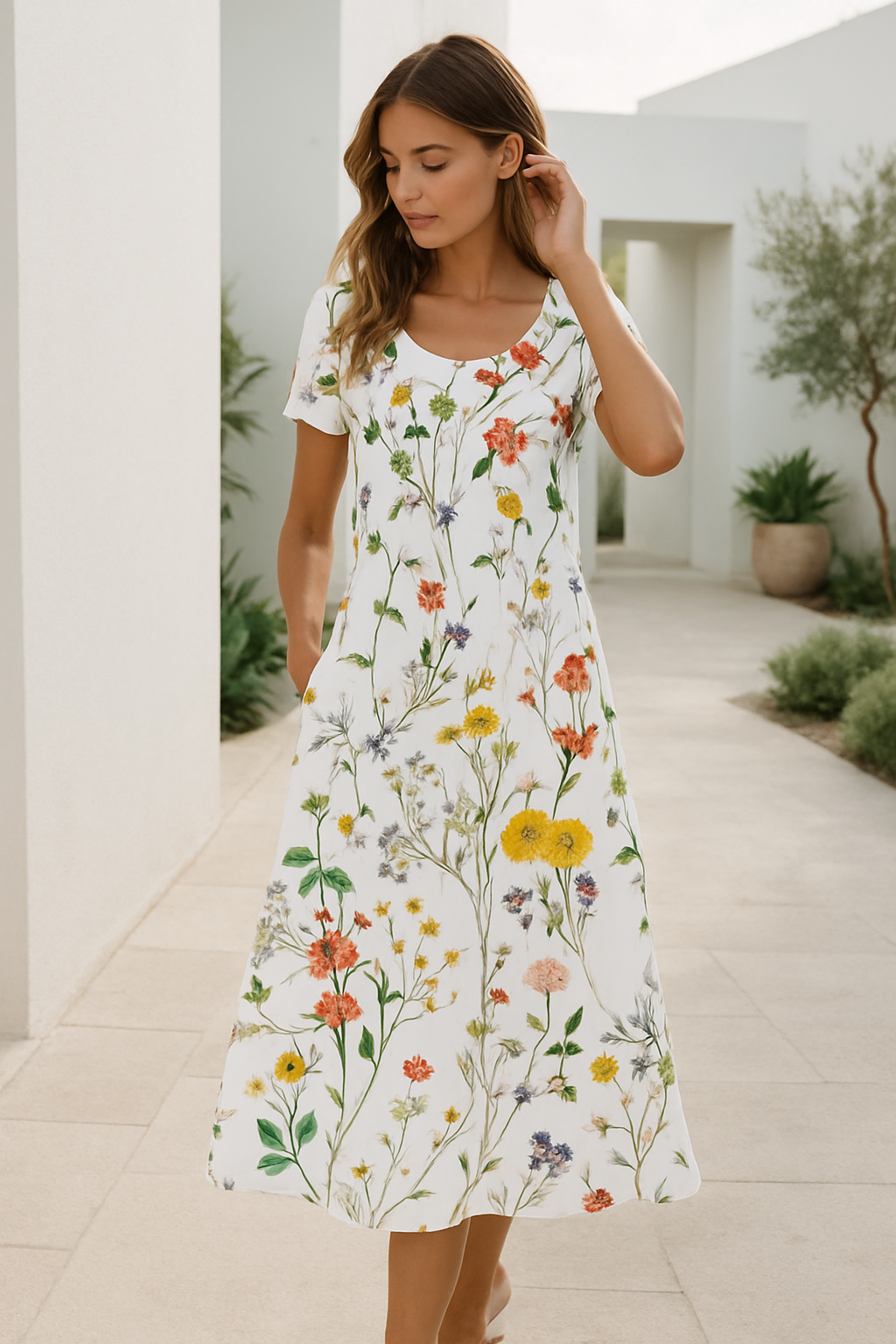 Damen Sommerkleid mit Blumenmuster und kurzen Ärmeln 2